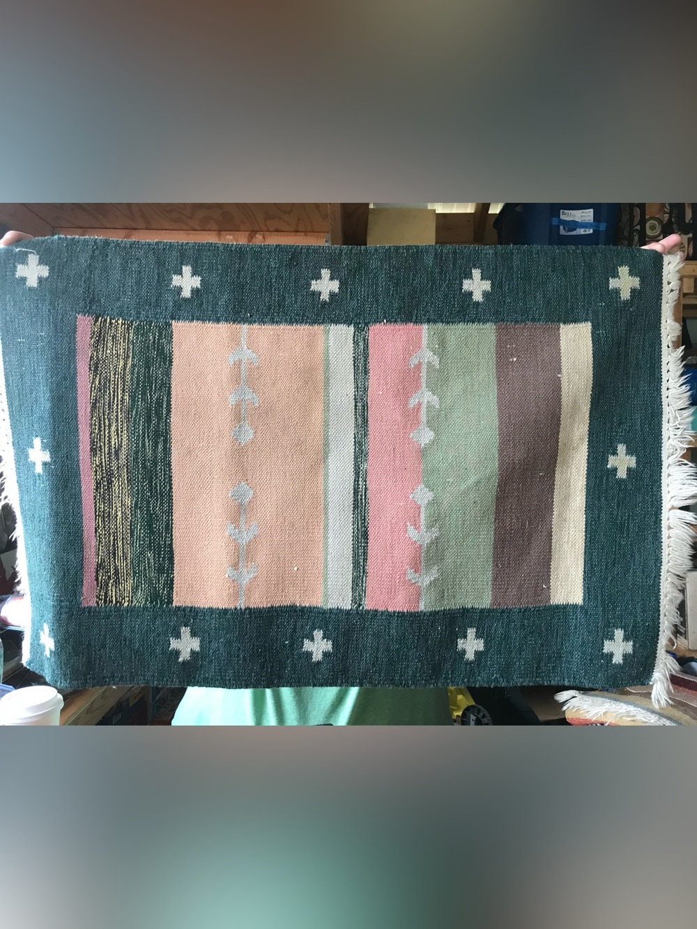 Vintage Handwoven Kilim Dhurrie Rug made in India - Teal, Pink, Peach, Green